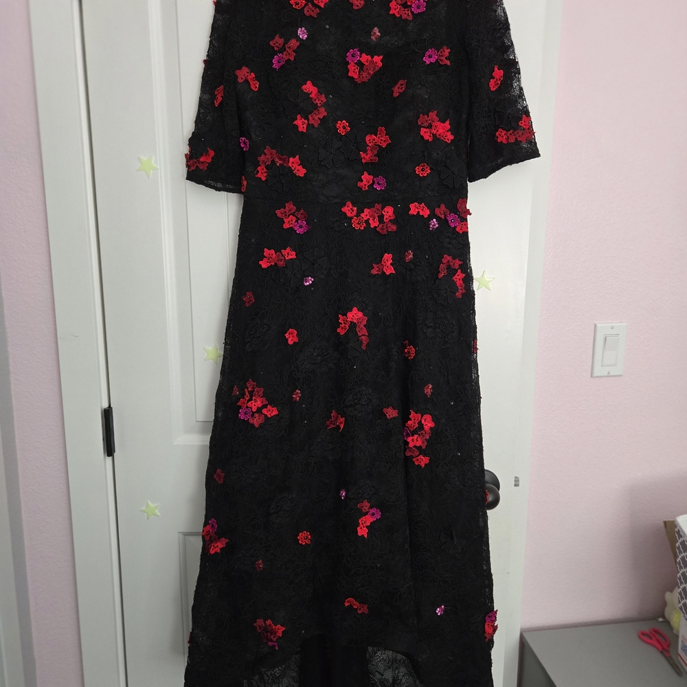 Teri Jon Black and Red Floral High Low Dress